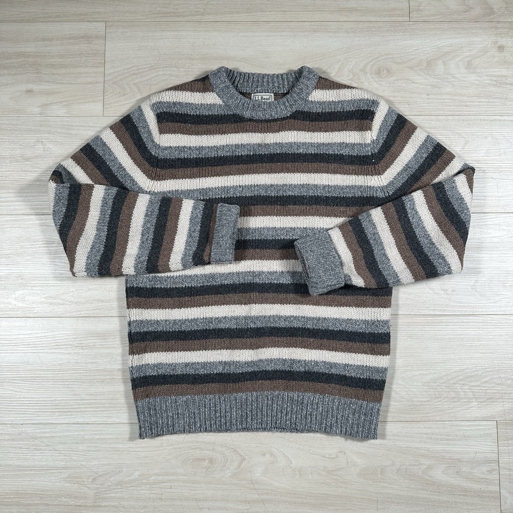 LL Bean Mens Small Beige Striped 100% Lambswool Knit Crewneck Sweater 509991